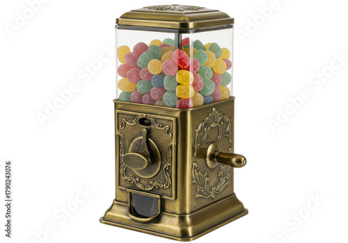 Fotografie Isolated retro gumball machine filled with candy, vintage treat dispenser, snack