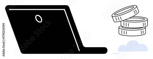 Open laptop beside stacked coins and cloud element. Ideal for online income, digital finance, e-commerce, virtual transactions, technology, cloud computing, professional tools. Simple flat metaphor