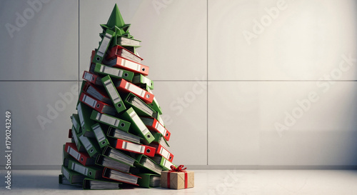 Christmas tree made from green and red office supplies in modern setting  