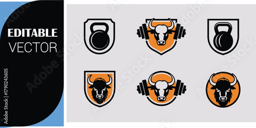 Gym Logos With Bull and Kettlebell Icons fitness