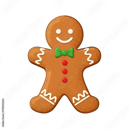 A cheerful gingerbread man cookie illustration smiles brightly, decorated with festive white icing, three red buttons, and a dapper green bowtie