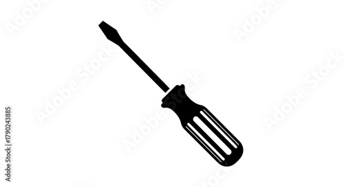A black and white illustration of a flathead screwdriver tool, angled on a white background.