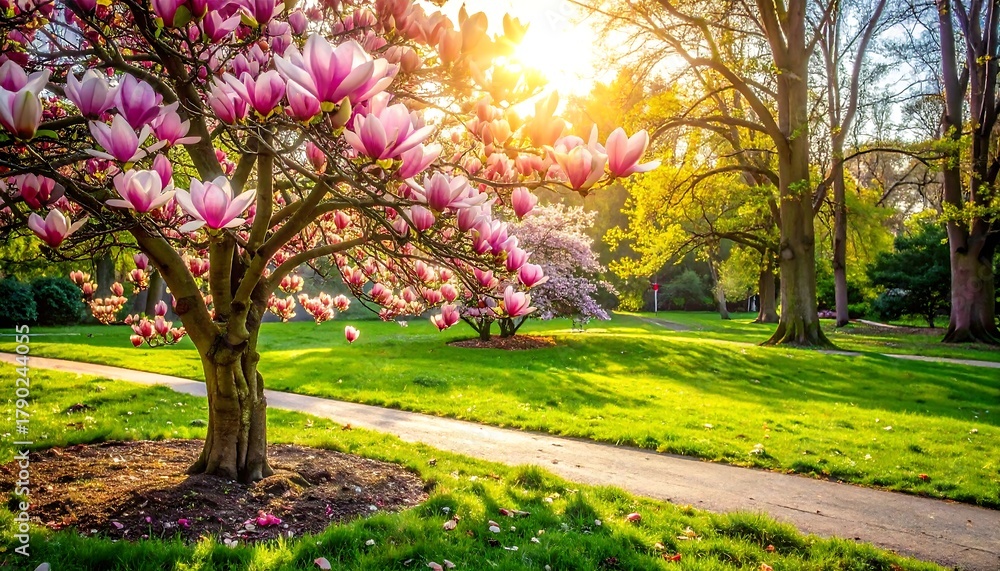 Naklejka premium Blooming tree with pink blossoms in a sunny, serene park with green grass and trees in the background