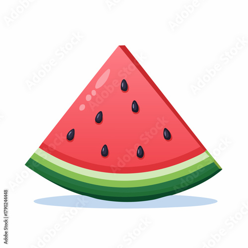A sliced watermelon wedge with bright pink flesh and black seeds contrasting the green rind.