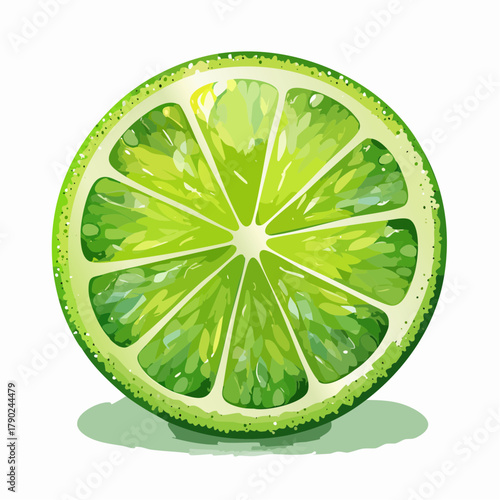 A fresh lime sliced in wedges with radiant green tones and vibrant glistening moisture.