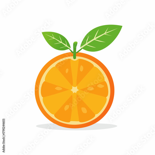 A bright, segmented orange displays a single, vibrant green leaf attached to its stem on white.