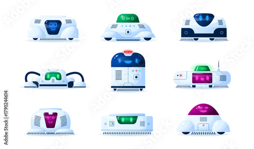 Robotic vacuum cleaners. A set of cleaning machines on a white background. Cartoon style androids with funny electronic faces. Vector illustration.
