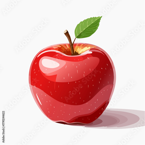 A single, perfectly ripe, vibrant red apple glistens subtly on a pure, clean white surface.