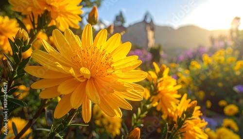 Close-up of vibrant yellow flowers in a garden, bathed in golden sunlight with a blurred building in the background