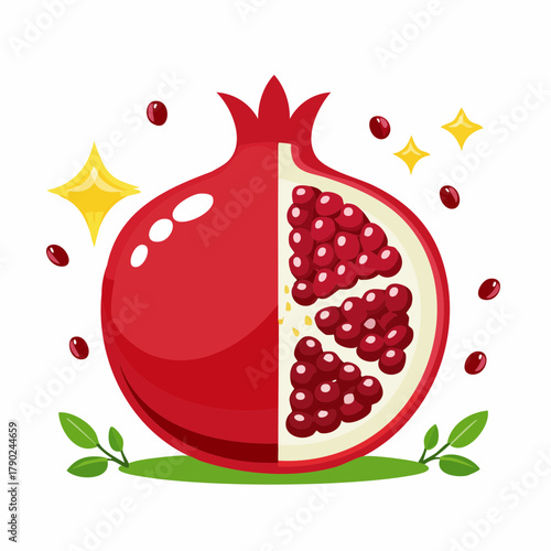 A plump, vibrant pomegranate shows a slight crack, revealing a few glistening ruby-red arils.