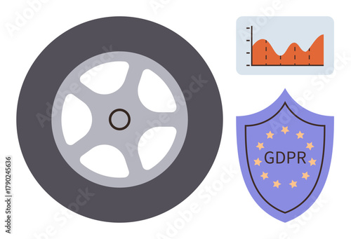 GDPR shield with stars, data trends chart, and a wheel mechanism promoting regulatory compliance, data security, progress. Ideal for privacy, protection, technology, data management safety growth