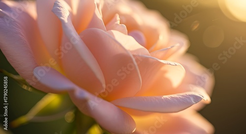 Close up of a delicate pale pink rose with soft petals illuminated by warm golden sunlight creating a gentle bokeh effect