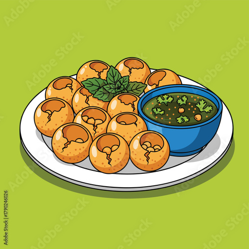 A plate of delicious Indian street food Pani Puri, also known as Golgappe, served with spicy green water and garnished with fresh mint leaves.