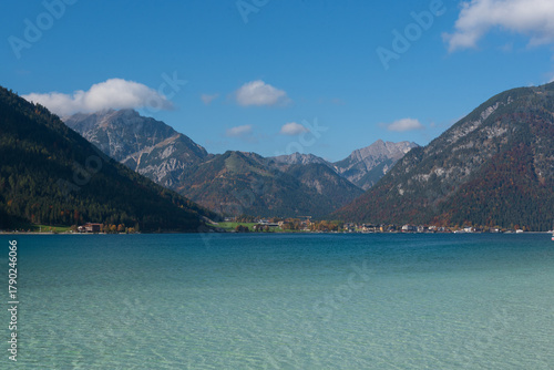 Turquoise Achen Lake with Mountains and Blue Sky
