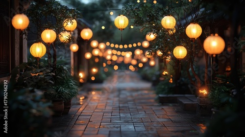 Wallpaper Mural Illuminated Asian alleyway at dusk; lanterns, plants, paving Torontodigital.ca