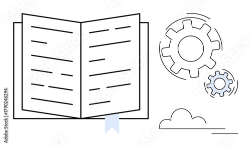 Open book with bookmark alongside turning gears, signifying ideas, knowledge, learning, innovation, teamwork, progress, and creativity. Ideal for education technology teamwork knowledge sharing