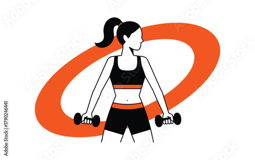 Woman Exercising with Dumbbells and Orange Swirl fitness