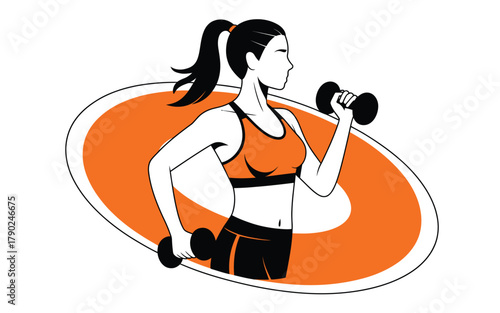 Woman exercising with dumbbells in an oval frame fitness