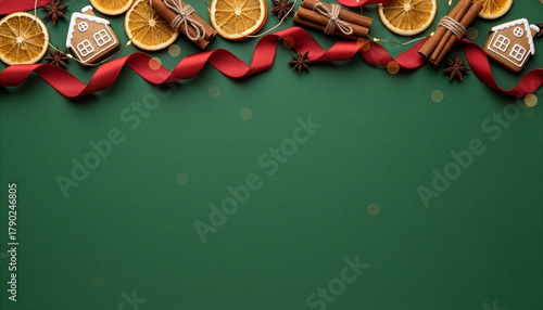 Beautiful Green Christmas Background with Ornaments. Gingerbread, Cinnamon, Star Anise. Christmas Decorations. Seasonal Wallpaper.