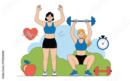 Women exercising and healthy lifestyle elements fitness