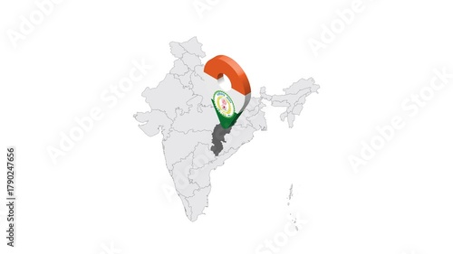 Location Chhattisgarh on map India. 3d Chhattisgarh emblem map marker location pin. Map of India showing different parts. 4K.  Animated Video