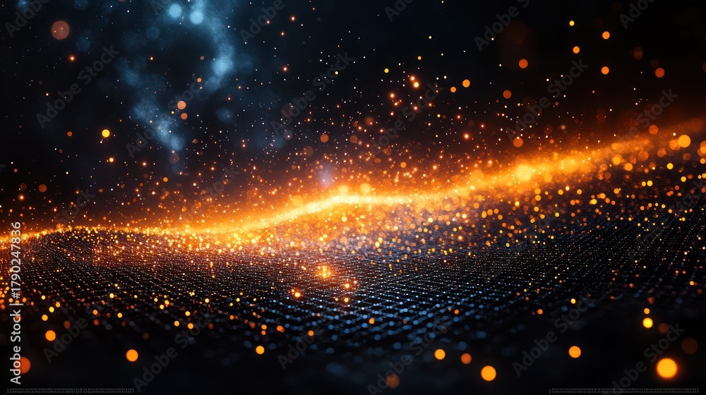 Obraz premium Abstract fiery sparks, digital wave, dark background, futuristic scene