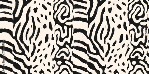 Black and white animal print. Vector seamless pattern. Trendy background with mixed animal-inspired exotic textures, spots, stripes. Abstract wildlife background. Jaguar, leopard, zebra, snake skin