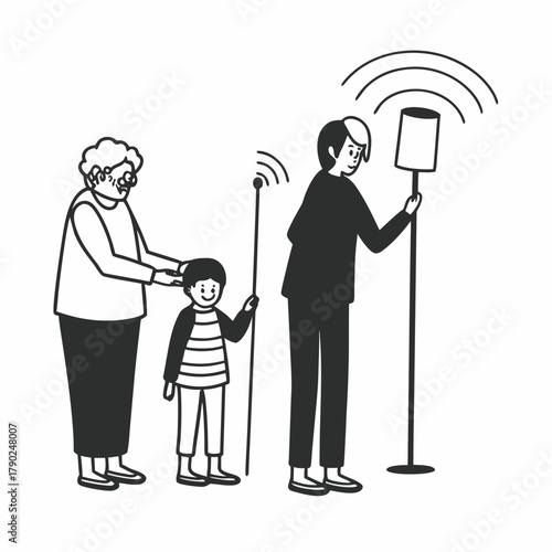 Line-art vector illustration featuring a multi-generational inclusive family interacting with smart home technology 