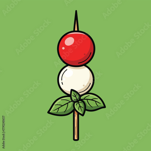 A cartoon illustration of a Caprese skewer with tomato, mozzarella, and basil on a green background.