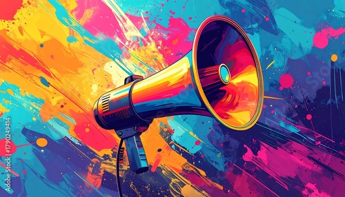 Colorful illustration of a megaphone on a vibrant, abstract paint splatter background with dynamic radial burst effect
