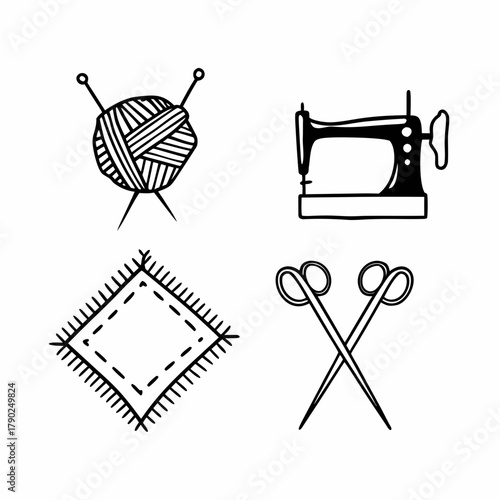 Retro-texture vector icon set designed for handmade craft themes, featuring yarn ball, knitting needles, scissors and sewing machine with mild grain 