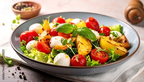Bright salad with tomatoes, mozzarella, grilled potatoes, and greens served in a shallow bowl on a cloth