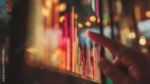 Analyzing business data trends office setting digital display urban environment close-up view financial insights