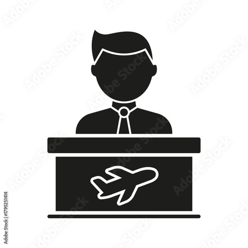 Airport Receptionist Desk Solid Icon. Airline Check-In, Customer Support, And Passenger Assistance Silhouette Symbol. Travel Services. Isolated Vector Illustration