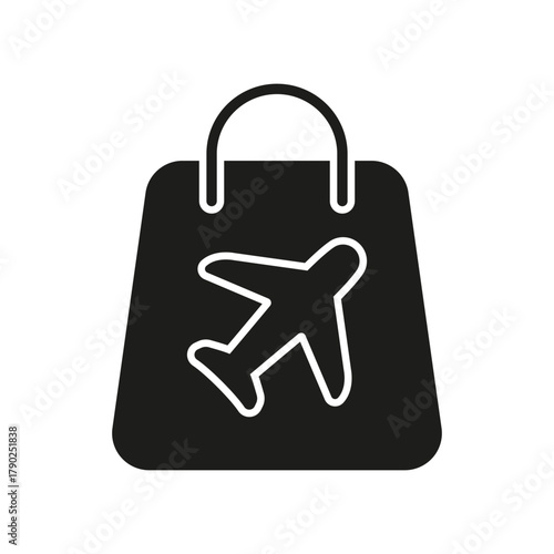 Shopping Bag With Airplane Solid Icon. Travel Retail, Duty-Free Shopping, And Aviation Merchandise Silhouette Symbol. Flight Shopping Experience. Isolated Vector Illustration