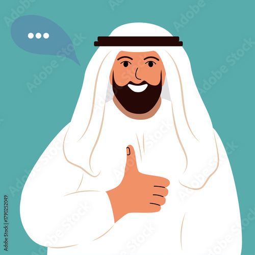 Man in traditional thobe giving thumbs up gesture. Happy Arab muslim person.  Flat Vector illustration