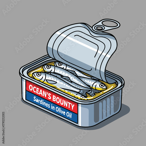 Isometric illustration of an open metal can filled with sardines submerged in olive oil, featuring a 'Ocean's Bounty' label.
