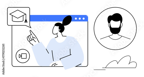 Woman pointing at graduation cap on screen, video call icon below. Mans profile displayed nearby. Ideal for online education, e-learning, virtual meetings, distance learning, webinars, mentorship