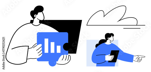 Two individuals in abstract minimal style discuss puzzle piece data with bar graphs, referencing teamwork, strategy, data analytics, project planning, and collaboration. Ideal for business
