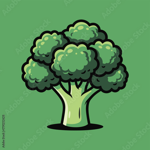 A cartoon illustration of a vibrant green broccoli floret with a thick stem on a solid green background.