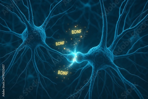 Scientific illustration of neuron communication highlighting BDNF molecules promoting neural growth and synaptic plasticity.