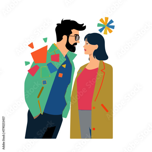 A stylized illustration depicts a couple facing each other with fragmented shapes surrounding the man s head suggesting thought