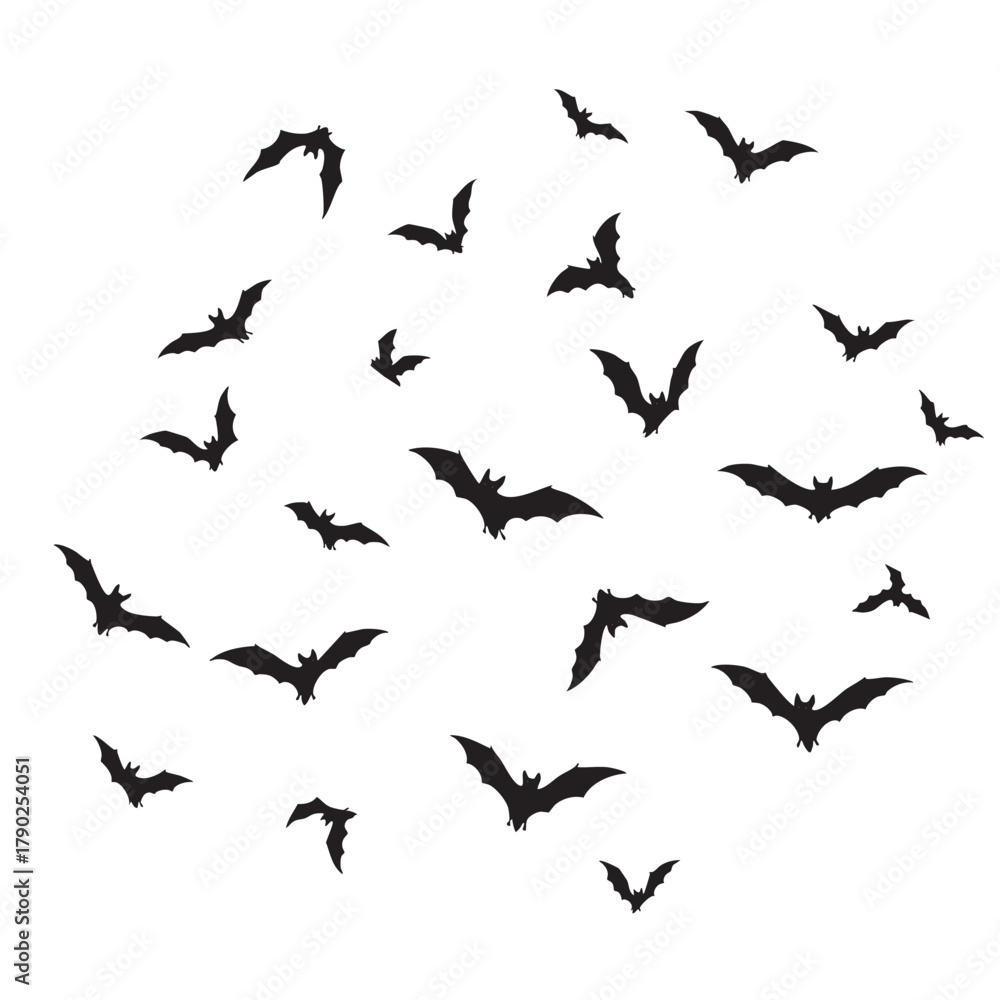 Fototapeta premium A swarm of black bat silhouettes flying in various directions against a white background bats