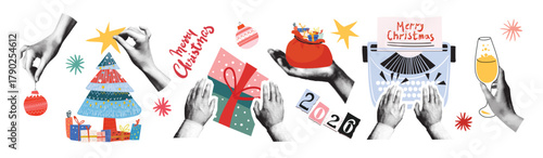 Merry Christmas. Collage with halftone hands decorating a Christmas tree, holding gifts, and a glass of champagne. New Year 2026. Vector illustration for greeting cards, posters, and banners.