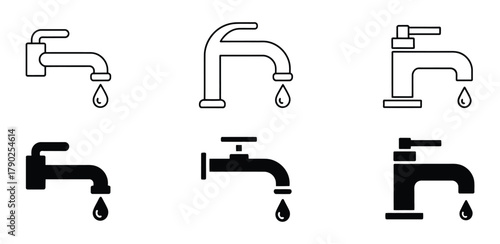 Explore a diverse set of faucet icons, perfect for plumbing designs, bathroom renovations, or water conservation campaigns, showcasing various styles and functionalities in sleek minimalist lines