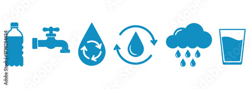 Sustainable water resources concept with bottle, tap, recycling, cloud and glass icons representing conservation, purification and drinking water promotion for environmental awareness