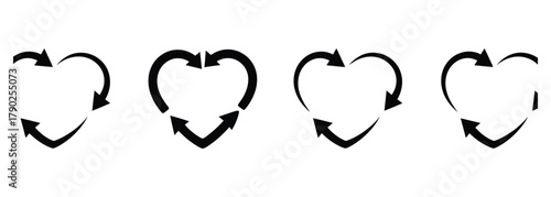 Heart shaped arrows forming a cycle symbolizing love, renewal, and continuous improvement for Valentine's Day promotions, circular economy, recycling initiatives, and sustainable practices