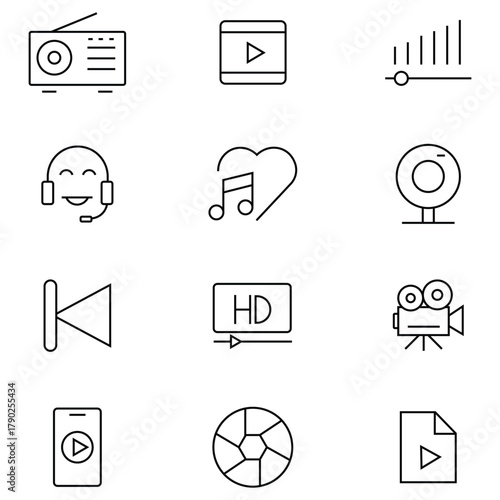 Set of audio and video thin line icons set. Contains as music, radio, webcast, cinema, movie, headphones, file, song and more. Sound and music instruments. Simple vector icons. Vector illustration.