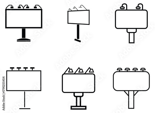 Set of modern billboard icon set. Empty billboard isolated on white background. Advertising marketing symbols.  City outdoor blank banner large format. Large display, commercial billboard. Vector