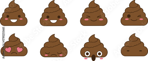 Cute and Funny Poop Emoji Characters Set with Various Happy, Sad, Winking, and Love Expressions Vector.